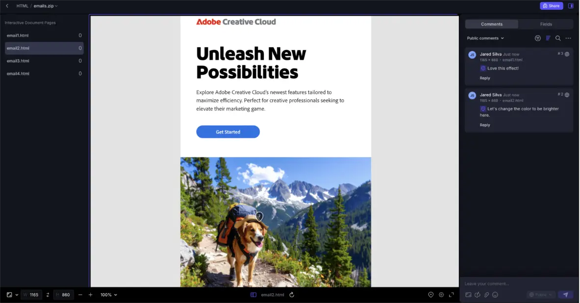Frameio HTML review multi page screenshot